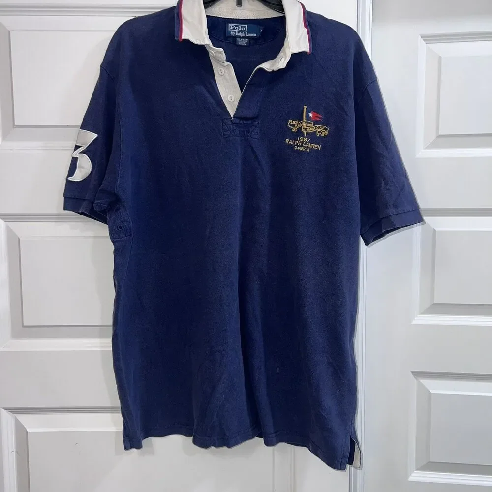 Men’s Polo Ralph Lauren Polo Shirt Yacht Club Blue White Collar Size XL Vintage